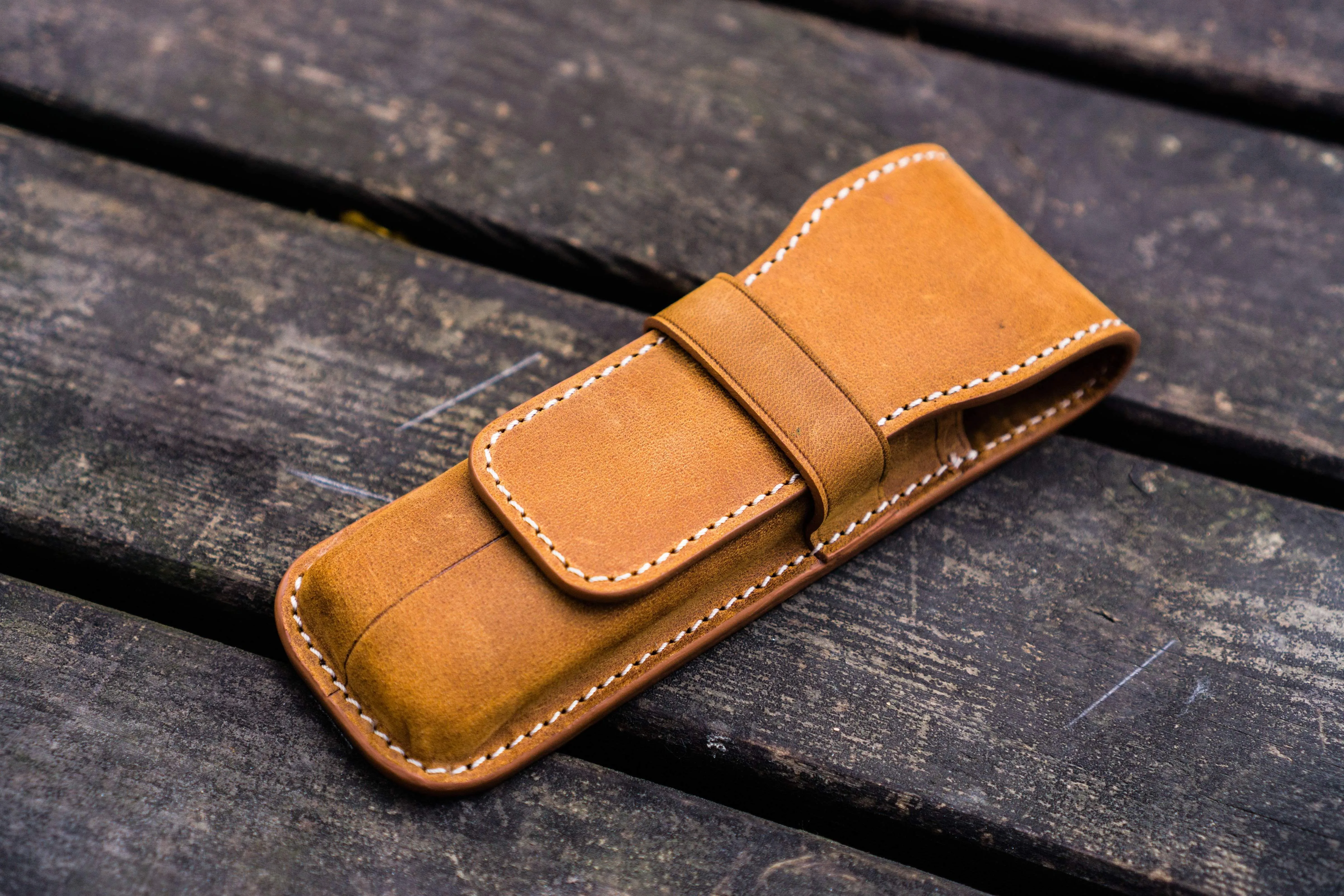 Leather Flap Pen Case for Two Pens - Crazy Horse Brown