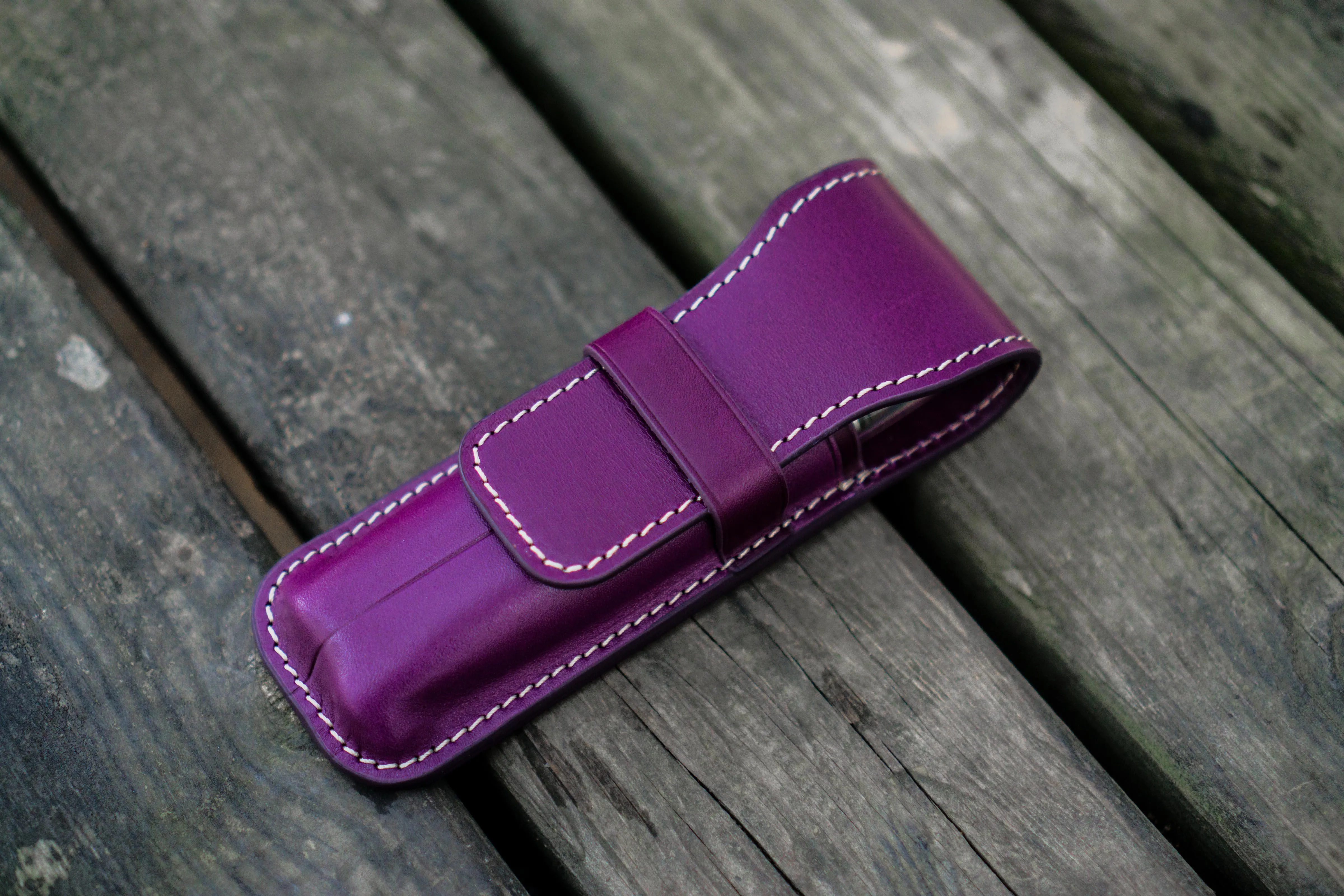 Leather Flap Pen Case for Two Pens - Purple