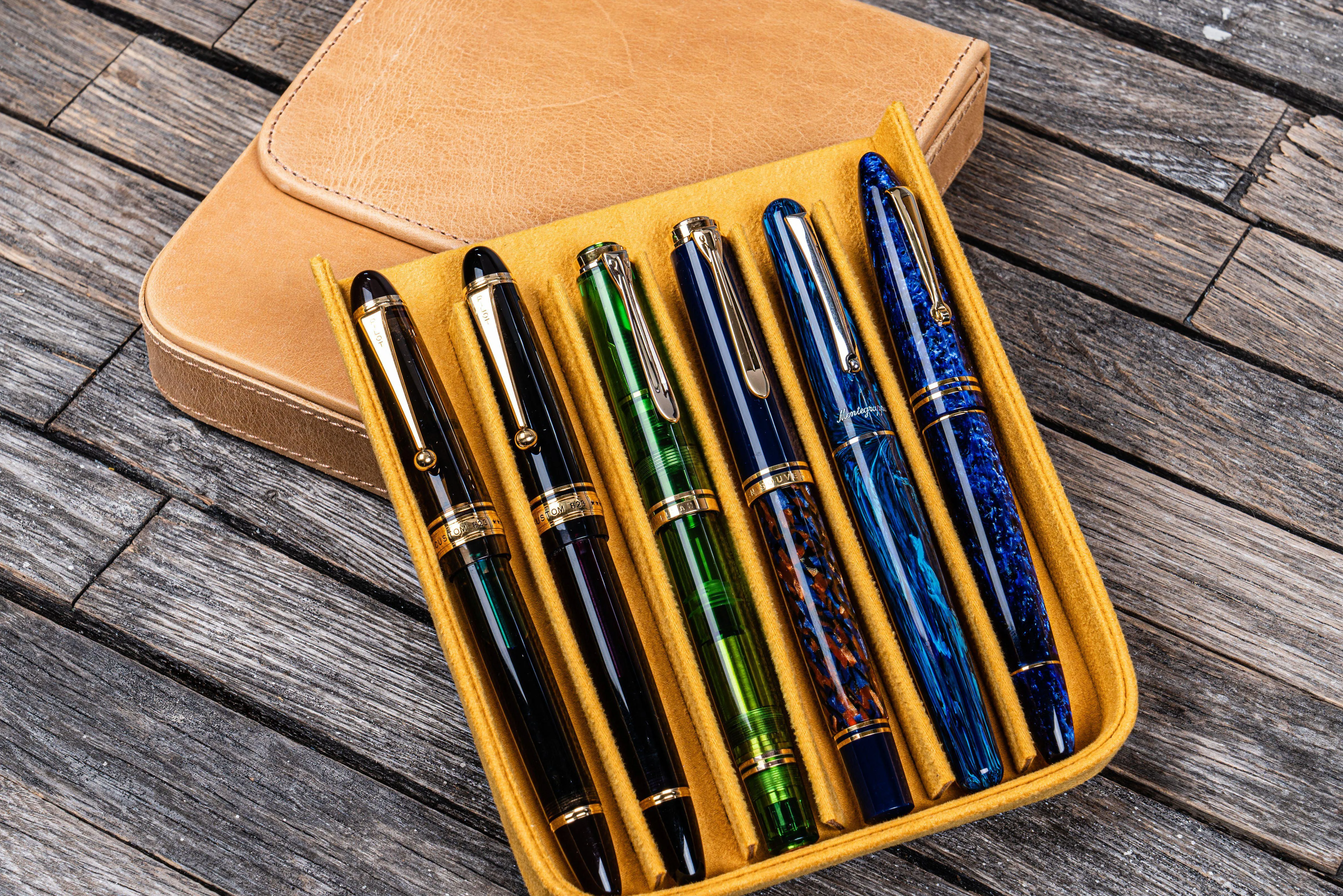 Leather Magnum Opus 6 Slots Hard Pen Case with Removable Pen Tray - Crazy Horse Honey Ochre