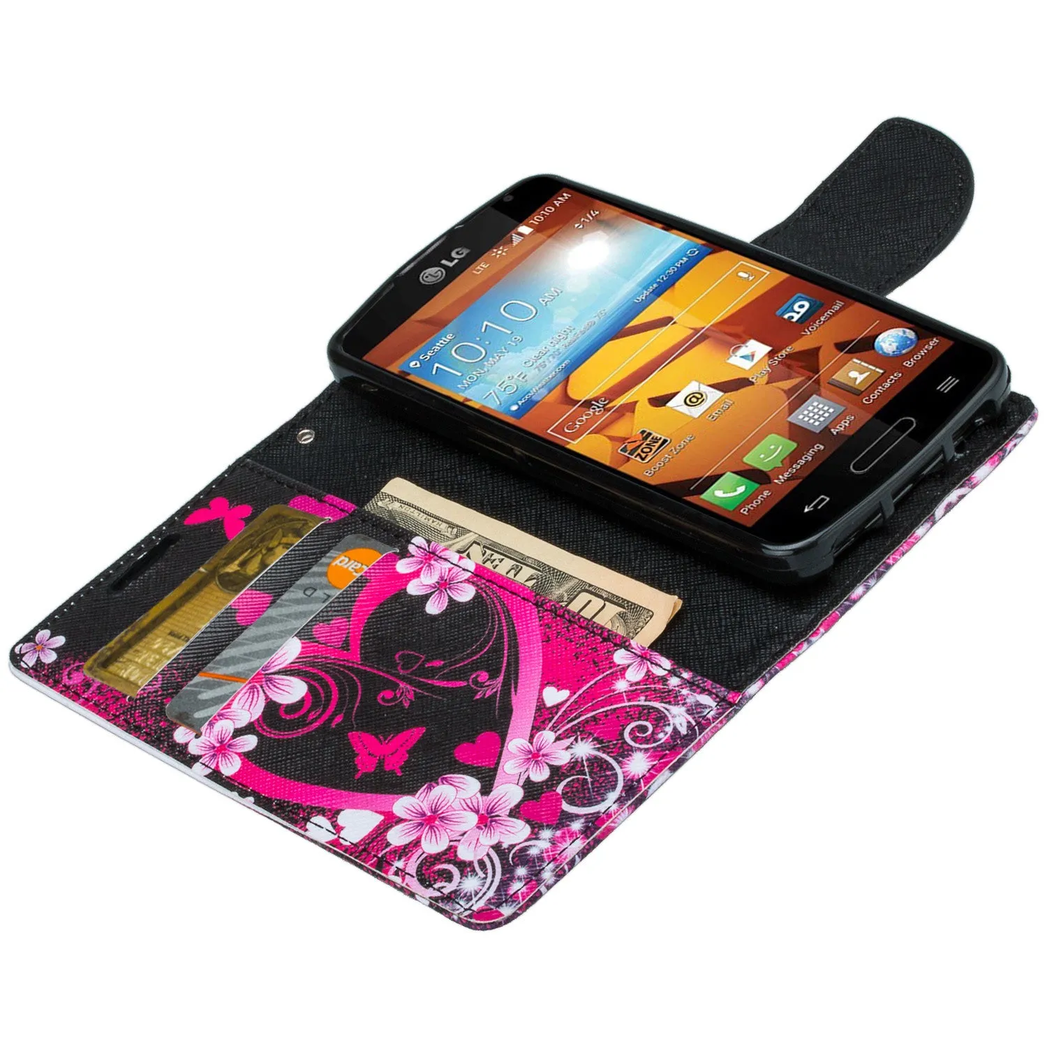 LG Volt Case,  LG LS740 Case Wrist Strap Pu Leather Magnetic Flip Fold[Kickstand] Wallet Case with ID & Card Slots for LG Volt - Heart Butterflies