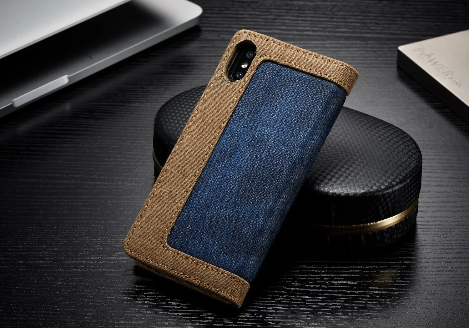 Luxury Magnetic Denim Canvas Wallet Case for iPhone X Cover with Card Holder - Black,Blue,Brown,Pink