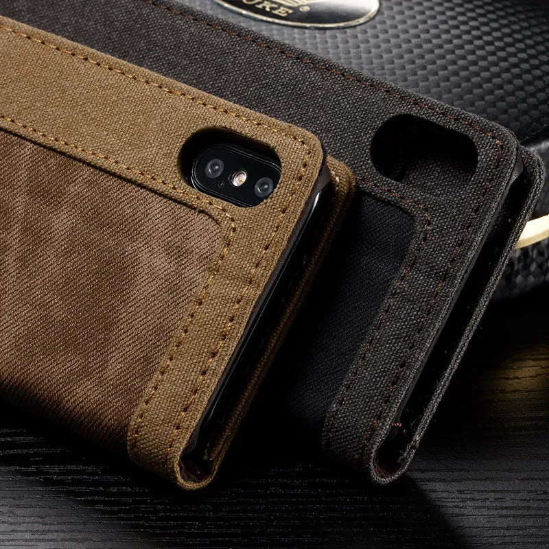 Luxury Magnetic Denim Canvas Wallet Case for iPhone X Cover with Card Holder - Black,Blue,Brown,Pink