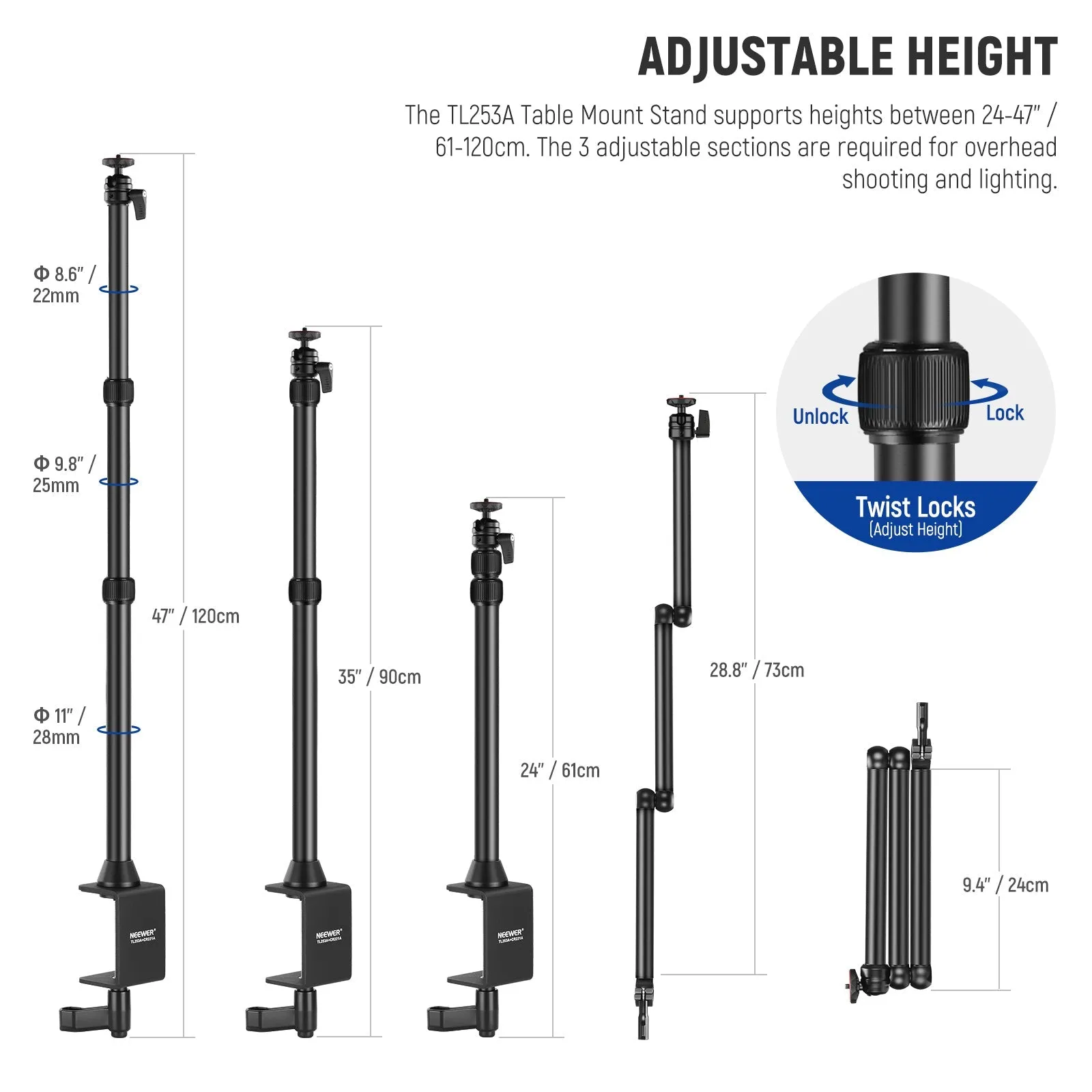 NEEWER TL253A MH022 Upgraded Tabletop Camera Mount Stand