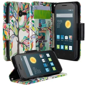 Onetouch Pixi Pulsar Case, Wrist Strap Flip Fold [Kickstand Feature] Pu Leather Wallet Case with ID & Credit Card Slots For Alcatel Onetouch Pixi Pulsar - Colorful Tree