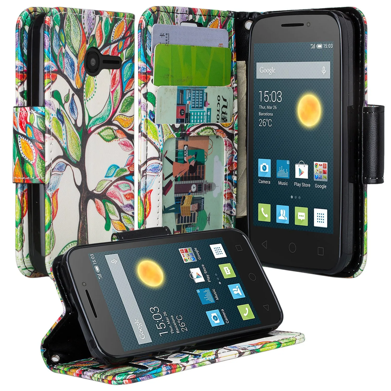 Onetouch Pixi Pulsar Case, Wrist Strap Flip Fold [Kickstand Feature] Pu Leather Wallet Case with ID & Credit Card Slots For Alcatel Onetouch Pixi Pulsar - Colorful Tree