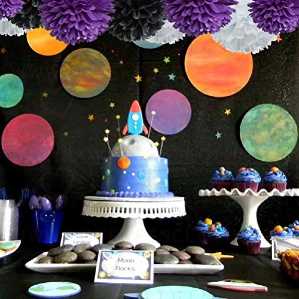 Paper Flower Tissue Pom Poms Graduation and Outer Space Galaxy Party Favor Supplies (black,purple,white,12pc)