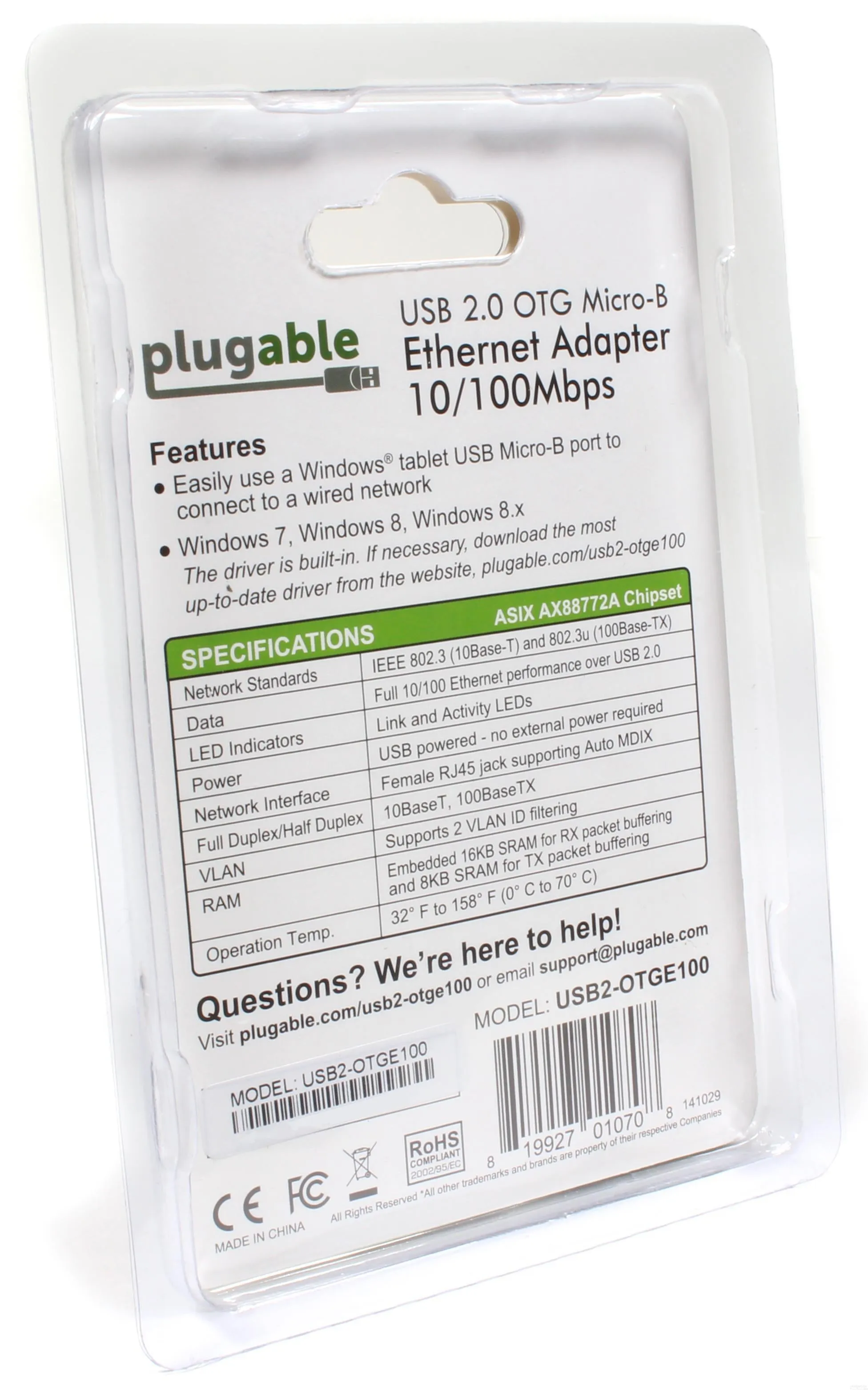 Plugable USB 2.0 OTG Micro-B to 10/100 Ethernet Adapter