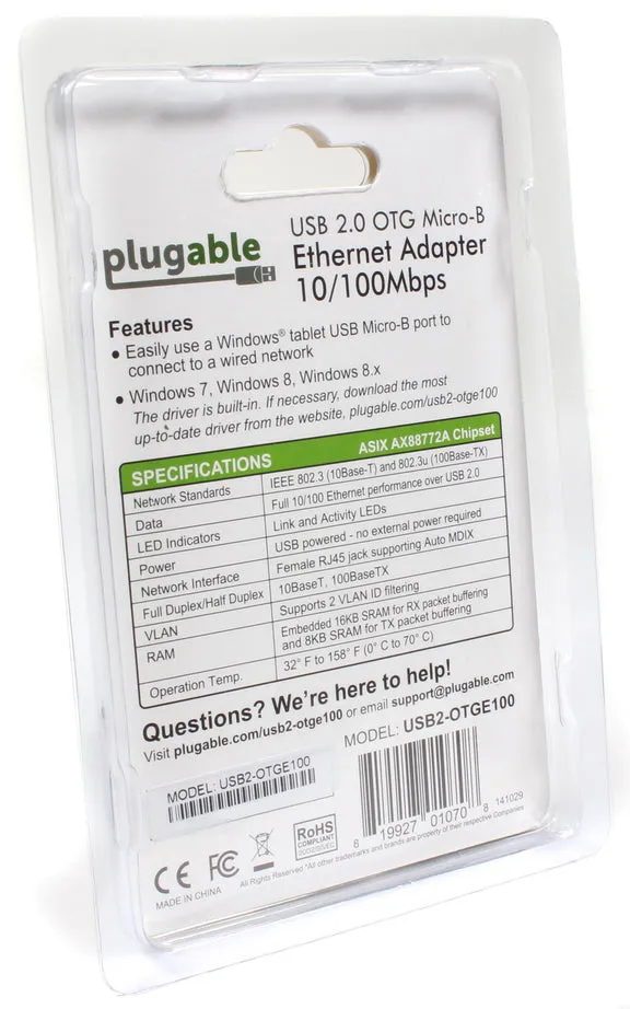 Plugable USB 2.0 OTG Micro-B to 10/100 Fast Ethernet Adapter for Windows Tablets & Raspberry Pi Zero (ASIX AX88772A chipset)