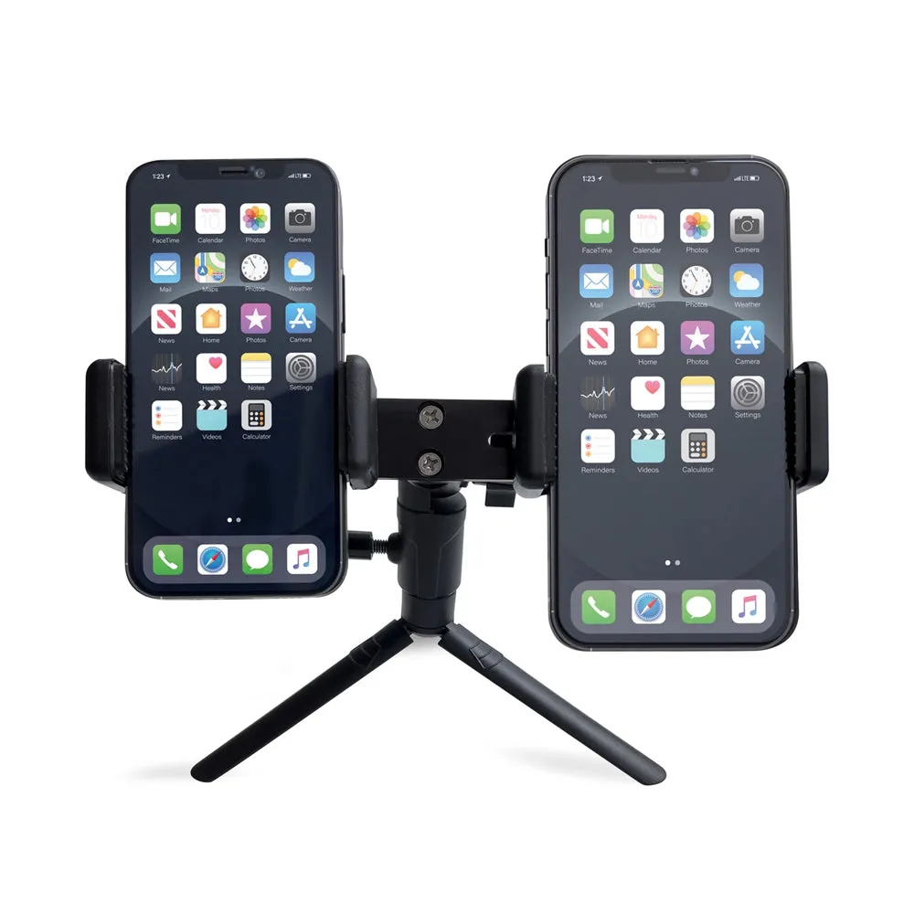 Pxel Dual Smartphone Holder Adjustable Clamp Clip ABS Aluminum Alloy with Mini Foldable Tripod Stand, fits Phones with 4 to 6.4 inches Screens for Photography, Vlogging, Live & Video Recording | PH1