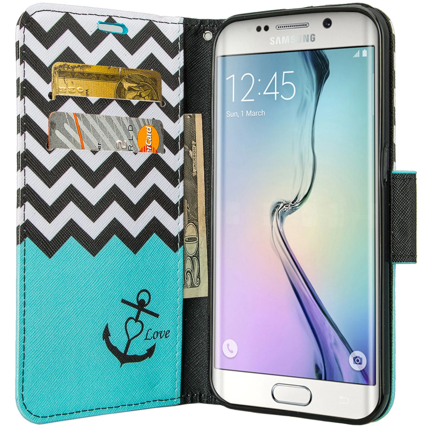 Samsung Galaxy S7 Wallet Case, Wrist Strap Magnetic Flip Folio [Kickstand Feature] Pu Leather Wallet Case with ID & Credit Card Slot For Galaxy S7 - Teal Anchor