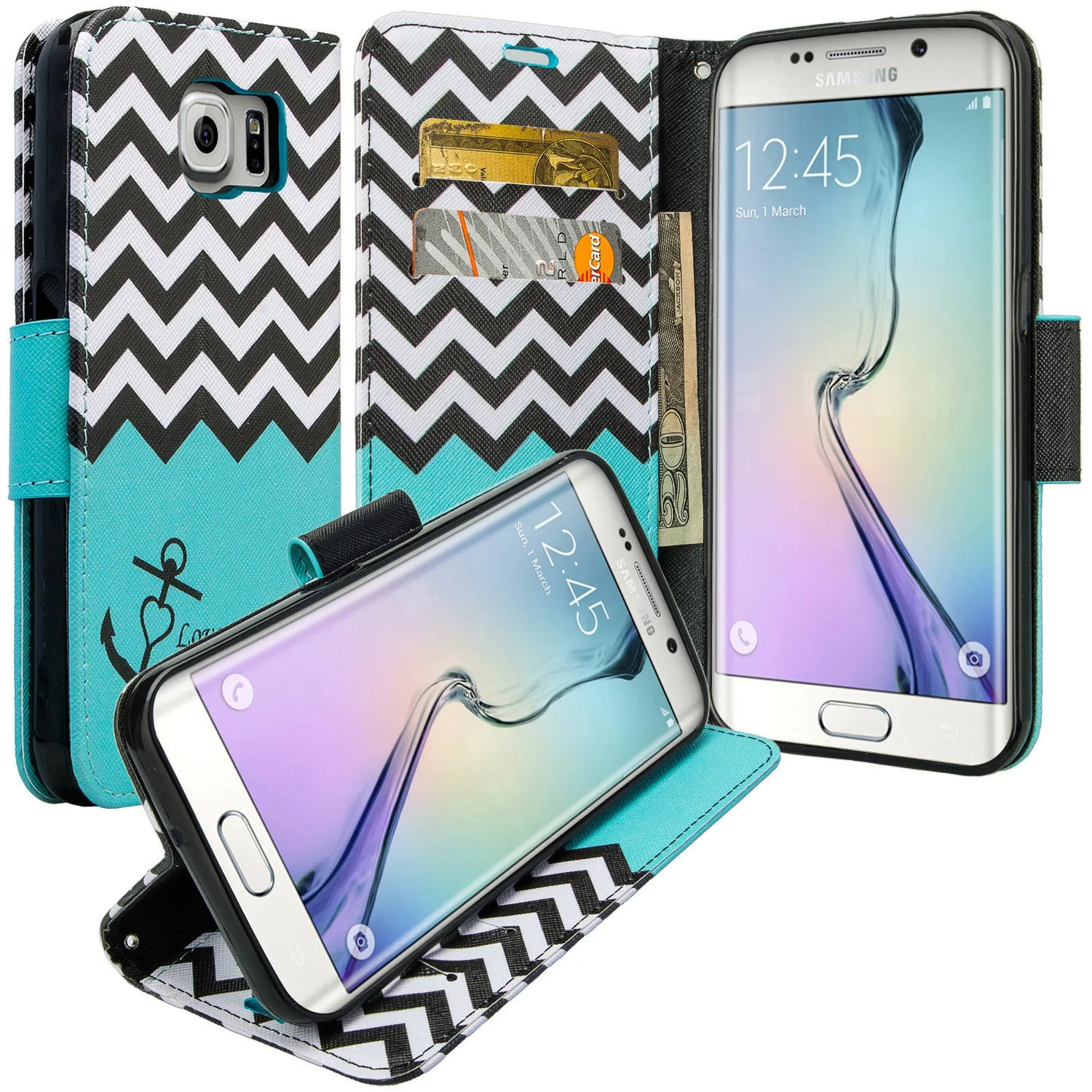 Samsung Galaxy S7 Wallet Case, Wrist Strap Magnetic Flip Folio [Kickstand Feature] Pu Leather Wallet Case with ID & Credit Card Slot For Galaxy S7 - Teal Anchor