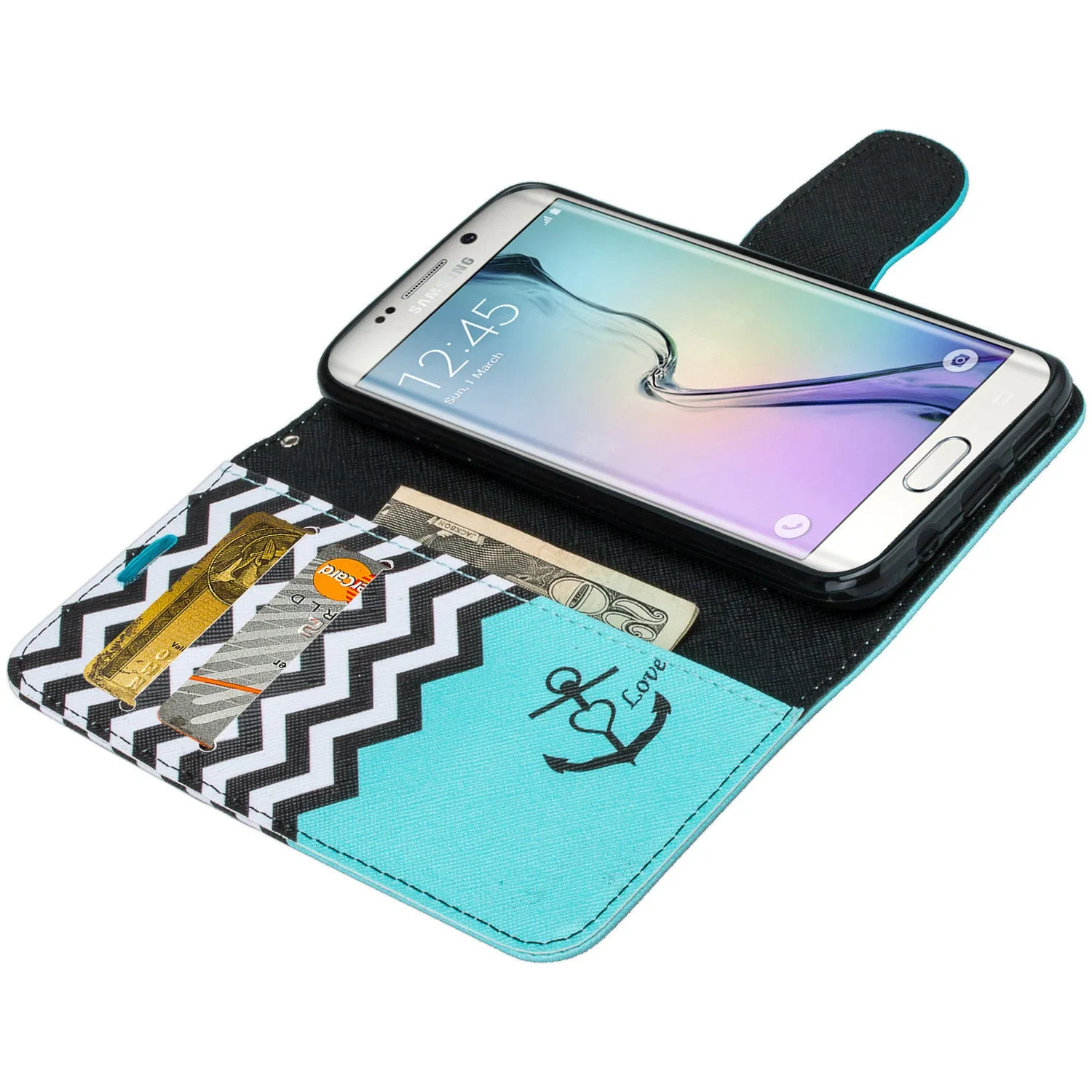 Samsung Galaxy S7 Wallet Case, Wrist Strap Magnetic Flip Folio [Kickstand Feature] Pu Leather Wallet Case with ID & Credit Card Slot For Galaxy S7 - Teal Anchor