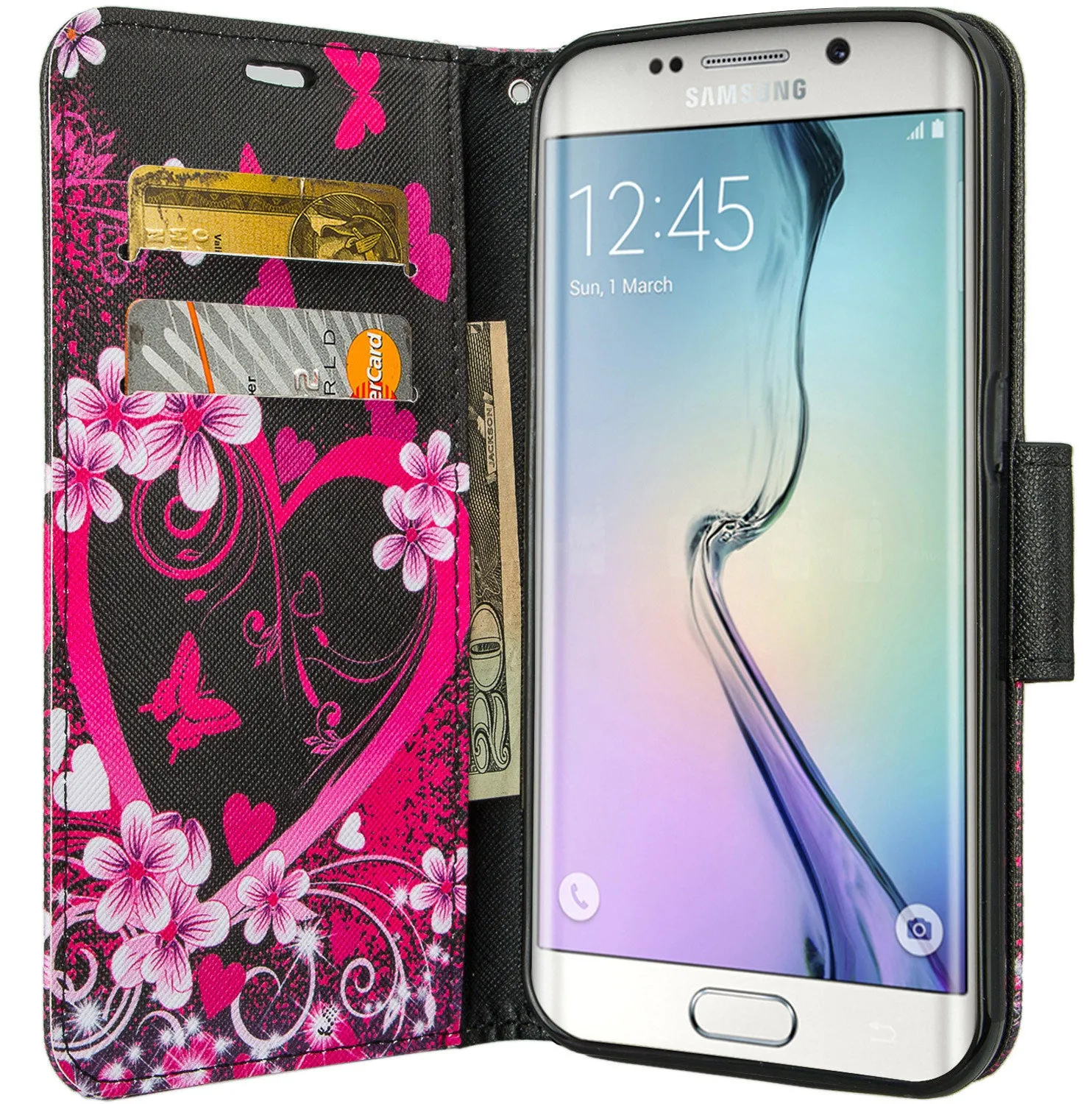 Samsung Galaxy S7 Wallet Case, Wrist Strap Pu Leather Magnetic Flip Fold[Kickstand] with ID & Card Slots for Galaxy S7 - Flower Hearts