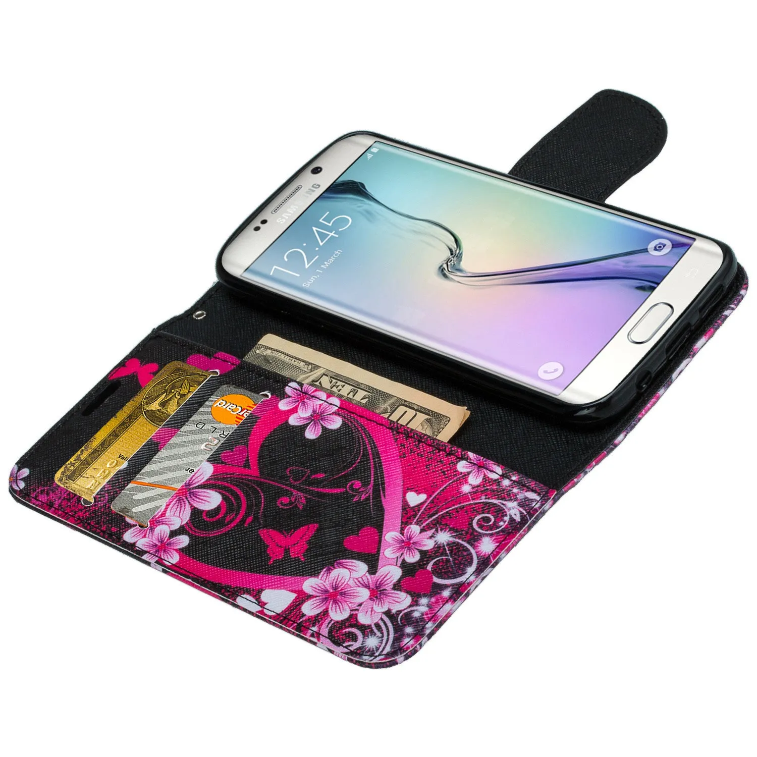 Samsung Galaxy S7 Wallet Case, Wrist Strap Pu Leather Magnetic Flip Fold[Kickstand] with ID & Card Slots for Galaxy S7 - Flower Hearts