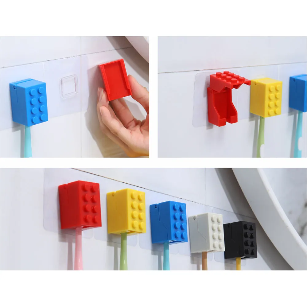 Seamless wall-mounted building block toothbrush holder Flip U-shaped slot toothbrush storage rack Children's building block toothbrush dust-proof rack Hanger Seamless adhesive Nail-free Drill-free Simple fashion Lifestyle