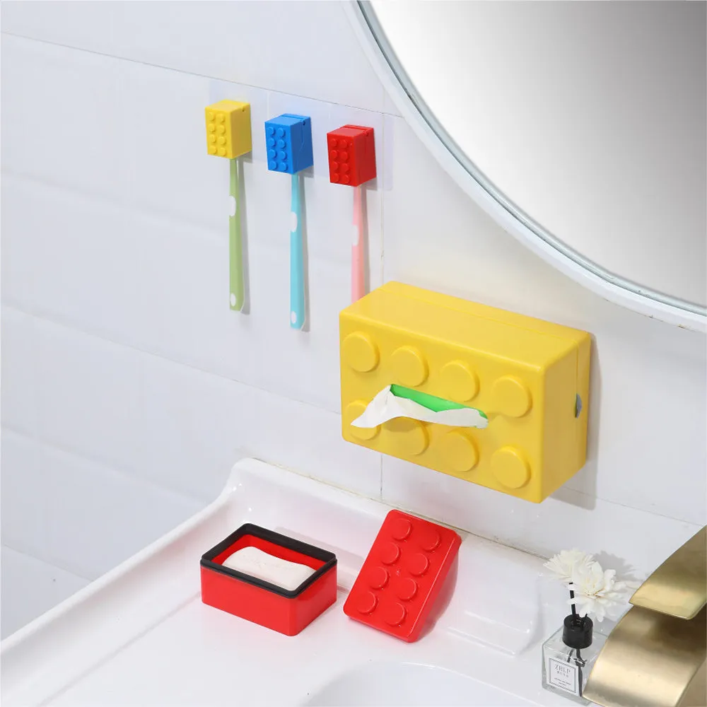 Seamless wall-mounted building block toothbrush holder Flip U-shaped slot toothbrush storage rack Children's building block toothbrush dust-proof rack Hanger Seamless adhesive Nail-free Drill-free Simple fashion Lifestyle