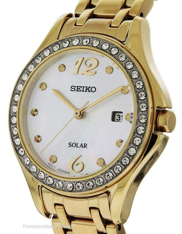 Seiko Ladies 40 Crystal Sport Watch - White MOP Dial - Gold-Tone - Date