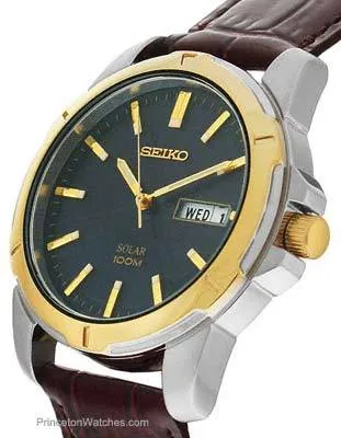 Seiko Solar Mens Two-Tone Day/Date Watch - Black Dial - Brown Leather Strap