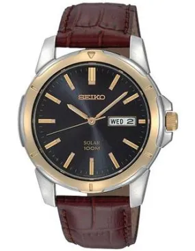 Seiko Solar Mens Two-Tone Day/Date Watch - Black Dial - Brown Leather Strap