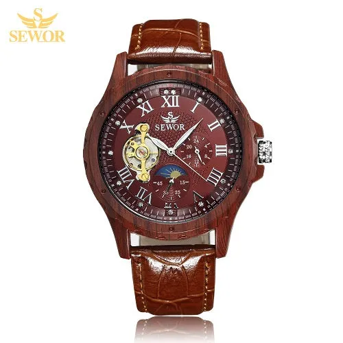 SEWOR 2018 New Fashion Design Multicolor Imitation Wood Metal Moon Phase Free Wheel Men's Automatic Mechanical Watch