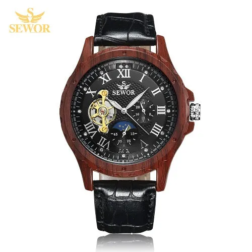 SEWOR 2018 New Fashion Design Multicolor Imitation Wood Metal Moon Phase Free Wheel Men's Automatic Mechanical Watch