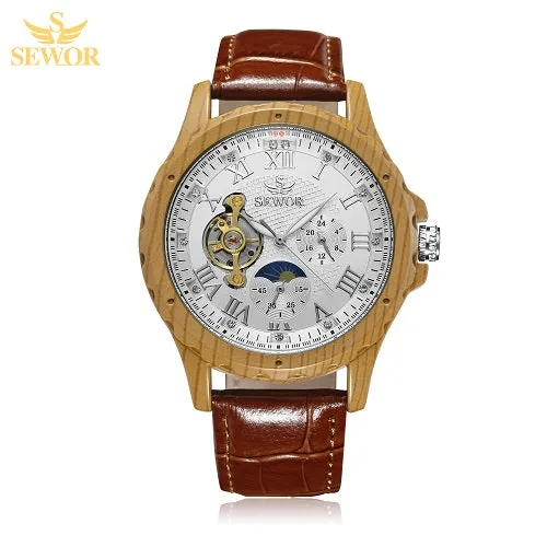 SEWOR 2018 New Fashion Design Multicolor Imitation Wood Metal Moon Phase Free Wheel Men's Automatic Mechanical Watch