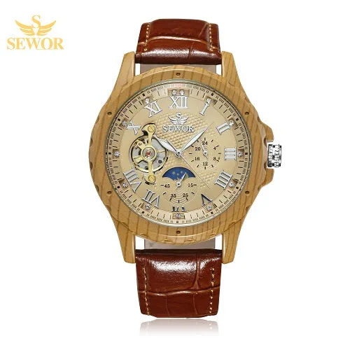 SEWOR 2018 New Fashion Design Multicolor Imitation Wood Metal Moon Phase Free Wheel Men's Automatic Mechanical Watch