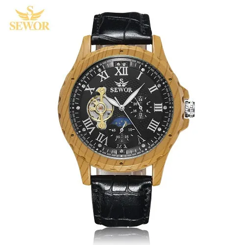 SEWOR 2018 New Fashion Design Multicolor Imitation Wood Metal Moon Phase Free Wheel Men's Automatic Mechanical Watch