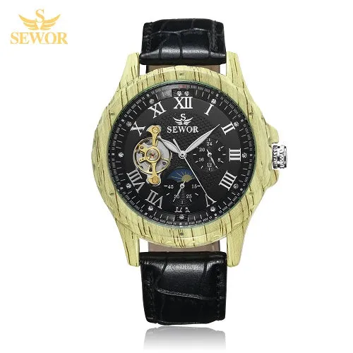 SEWOR 2018 New Fashion Design Multicolor Imitation Wood Metal Moon Phase Free Wheel Men's Automatic Mechanical Watch