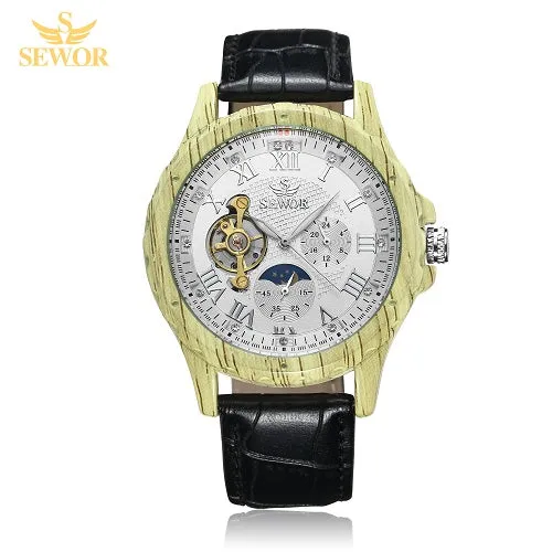 SEWOR 2018 New Fashion Design Multicolor Imitation Wood Metal Moon Phase Free Wheel Men's Automatic Mechanical Watch