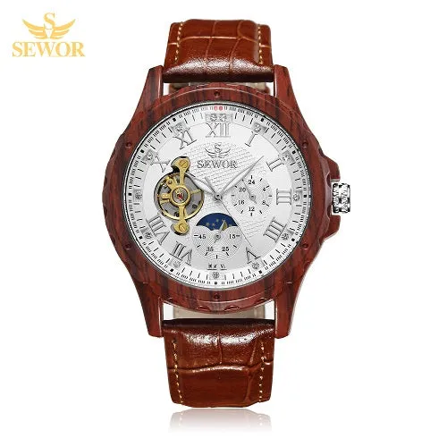 SEWOR 2018 New Fashion Design Multicolor Imitation Wood Metal Moon Phase Free Wheel Men's Automatic Mechanical Watch