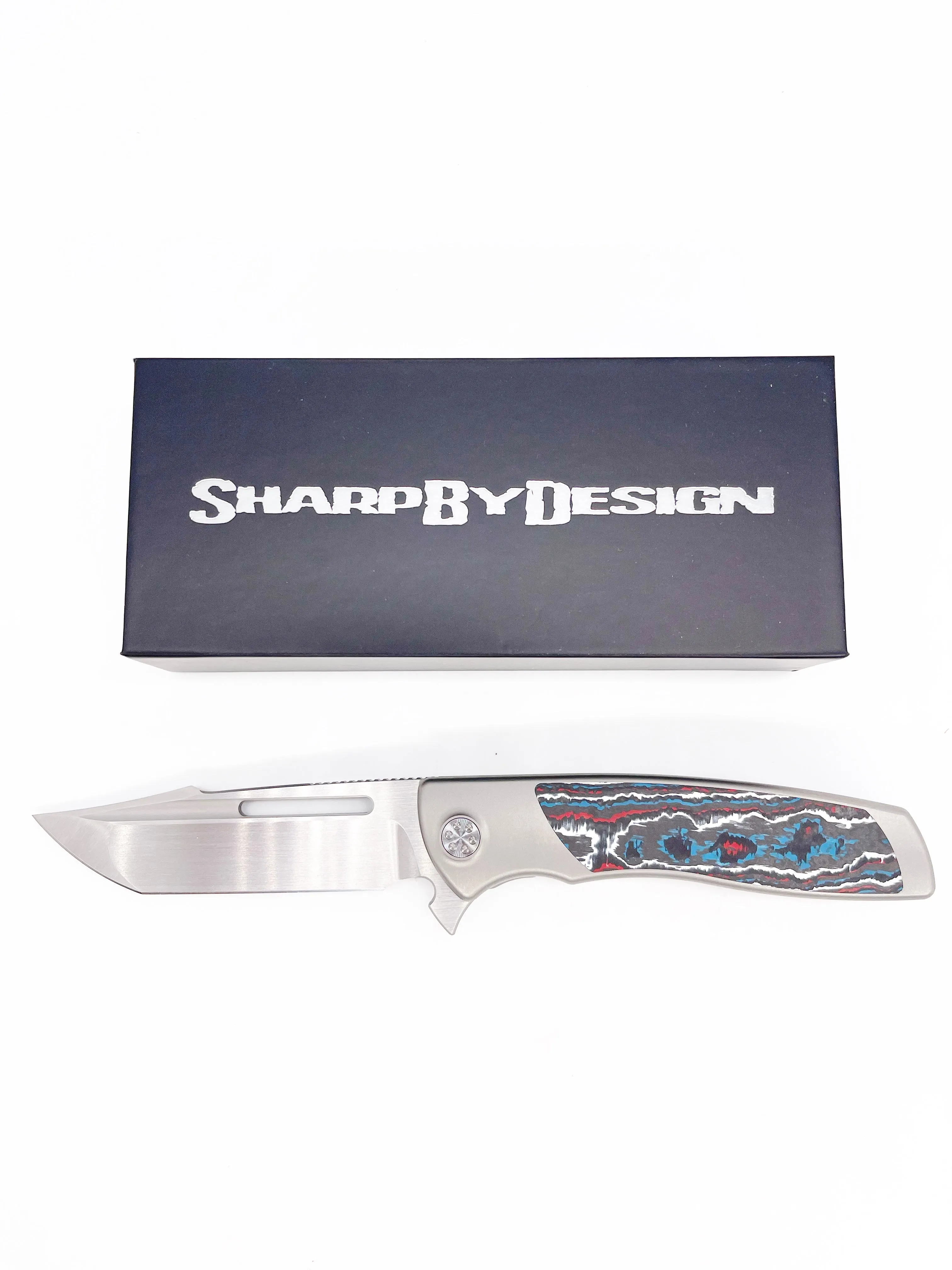 SharpByDesign Mini Evo Folding Knife Nebula FatCarbon / Titanium Handles Harpoon Point M390