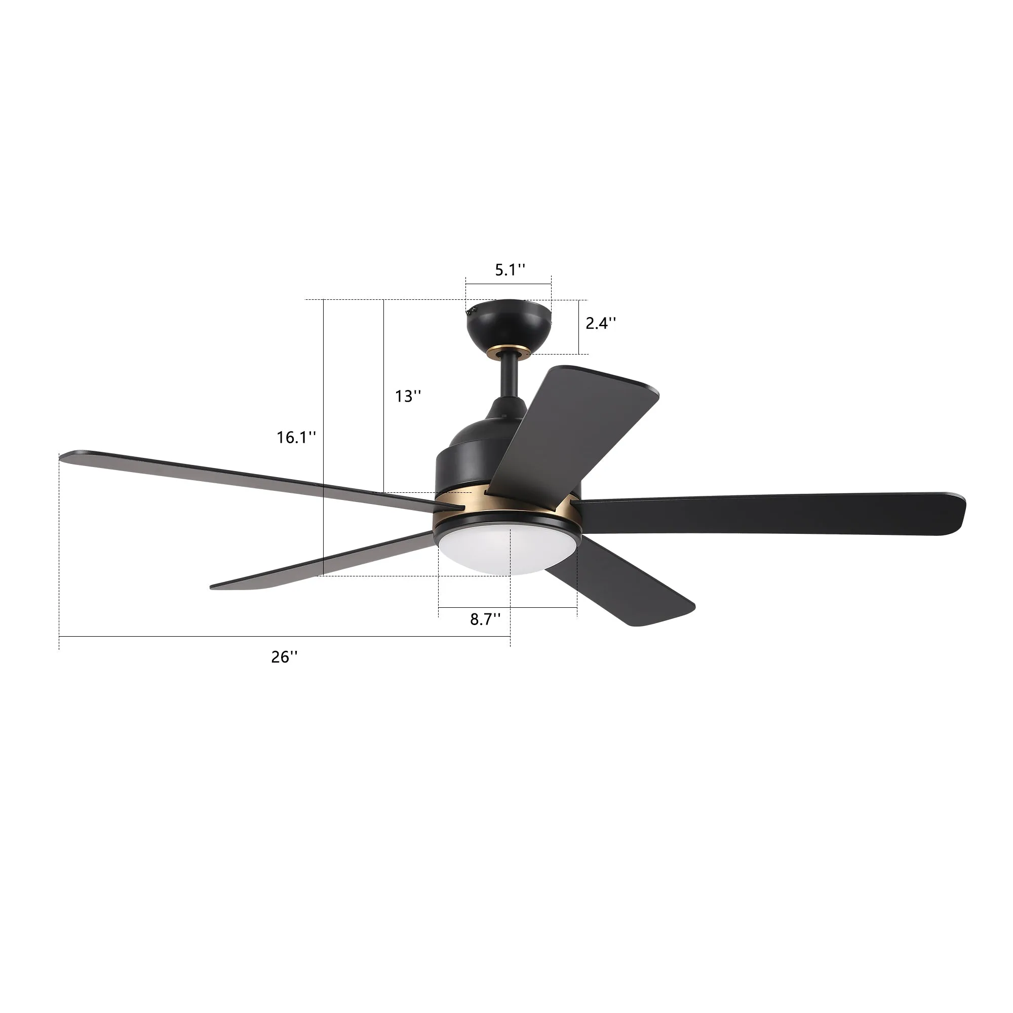 SIMOY 52 inch 5-Blade Smart Ceiling Fan with LED Light Kit & Wall Switch - Black/Black (Gold Detail)