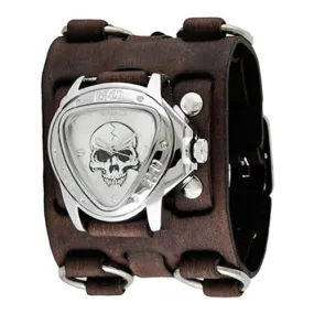 Skull Triangle Silver Watch with Double Ring Distressed Black Leather Triple Strap Cuff