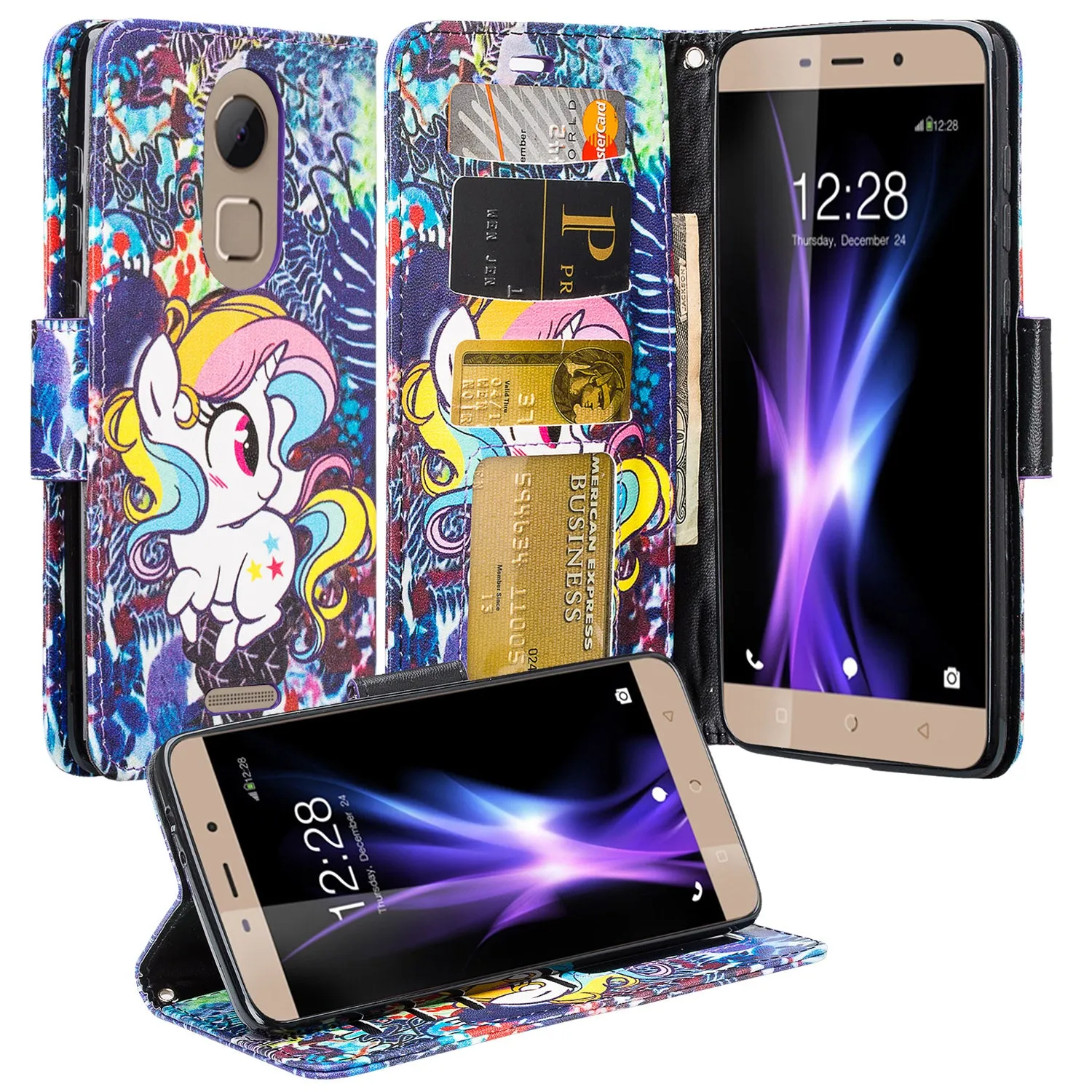 T-mobile REVVL  Plus, Coolpad REVVL Plus Case, Slim Flip [Kickstand] Pu Leather Wrist Strap Wallet Cover with Card Slots - Rainbow Unicorn