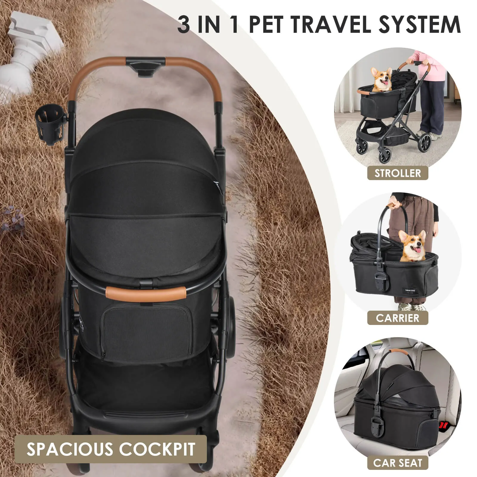 T6 Luxury Pet Stroller for Medium Dog Under 66lbs