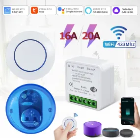 Tuya Smart Wifi Switch RF 433MHz Alexa Google Assistant Alice 16/20A Voice Remote Control Universal Mini Module for Led Lighting