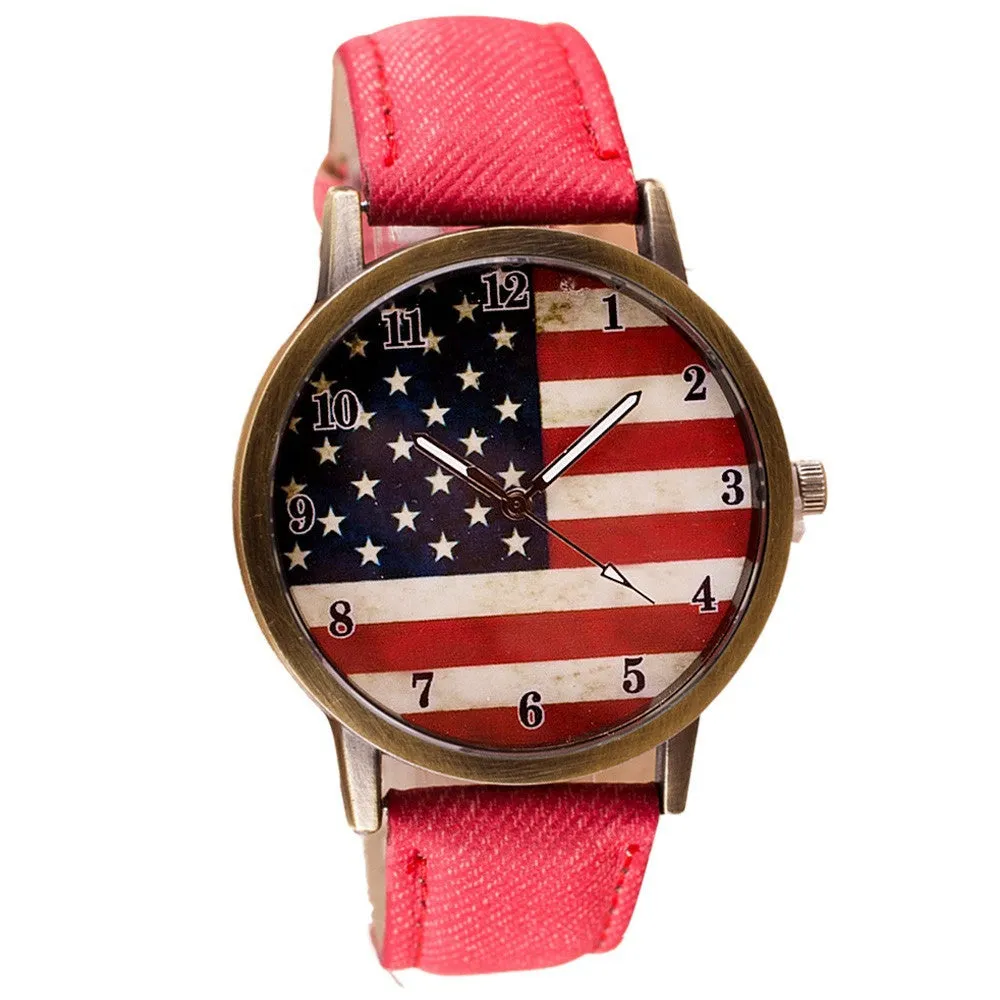 Unisex Watches Casual American Flag Pattern Dial Quartz Wrist Watches