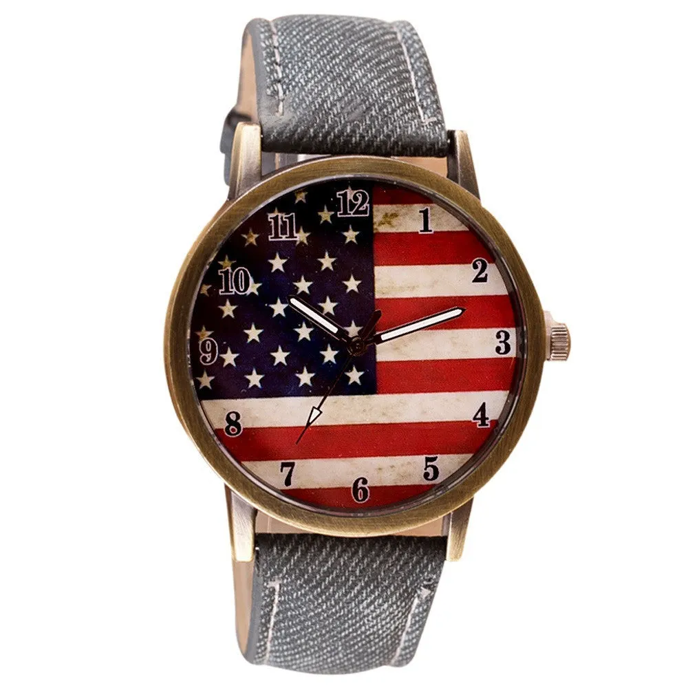 Unisex Watches Casual American Flag Pattern Dial Quartz Wrist Watches