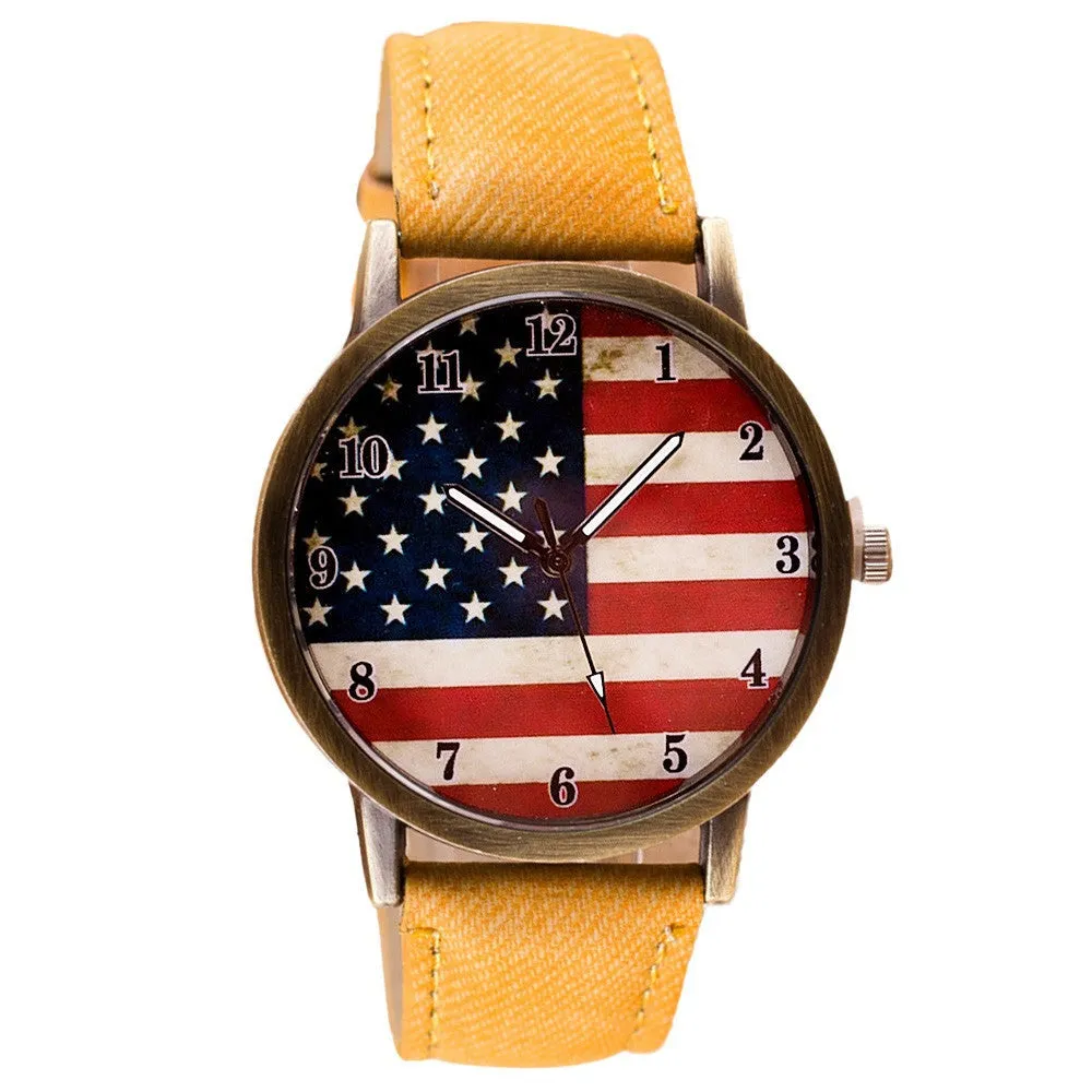 Unisex Watches Casual American Flag Pattern Dial Quartz Wrist Watches