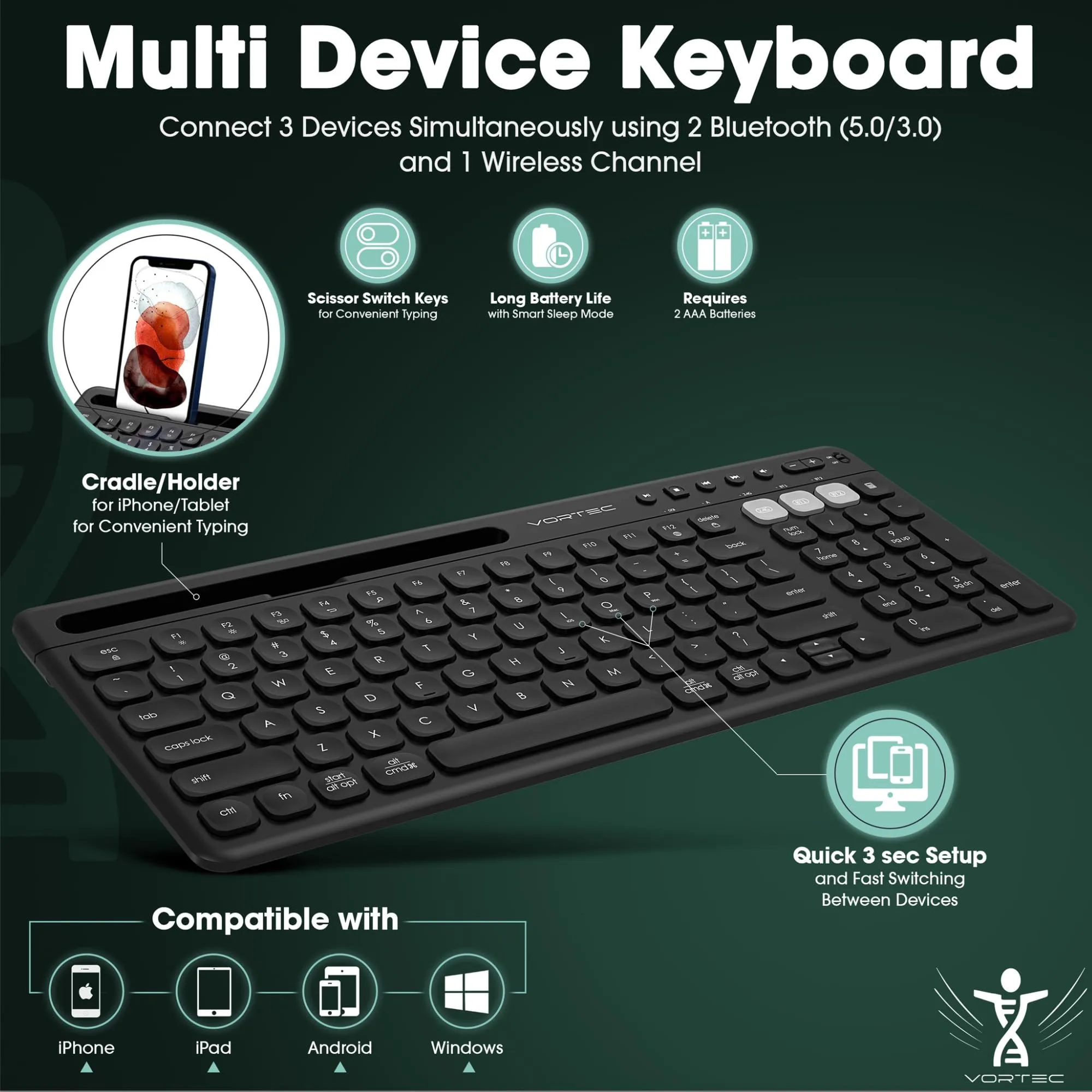 Vortec Multi Device Wireless Bluetooth Keyboard with Stand Black