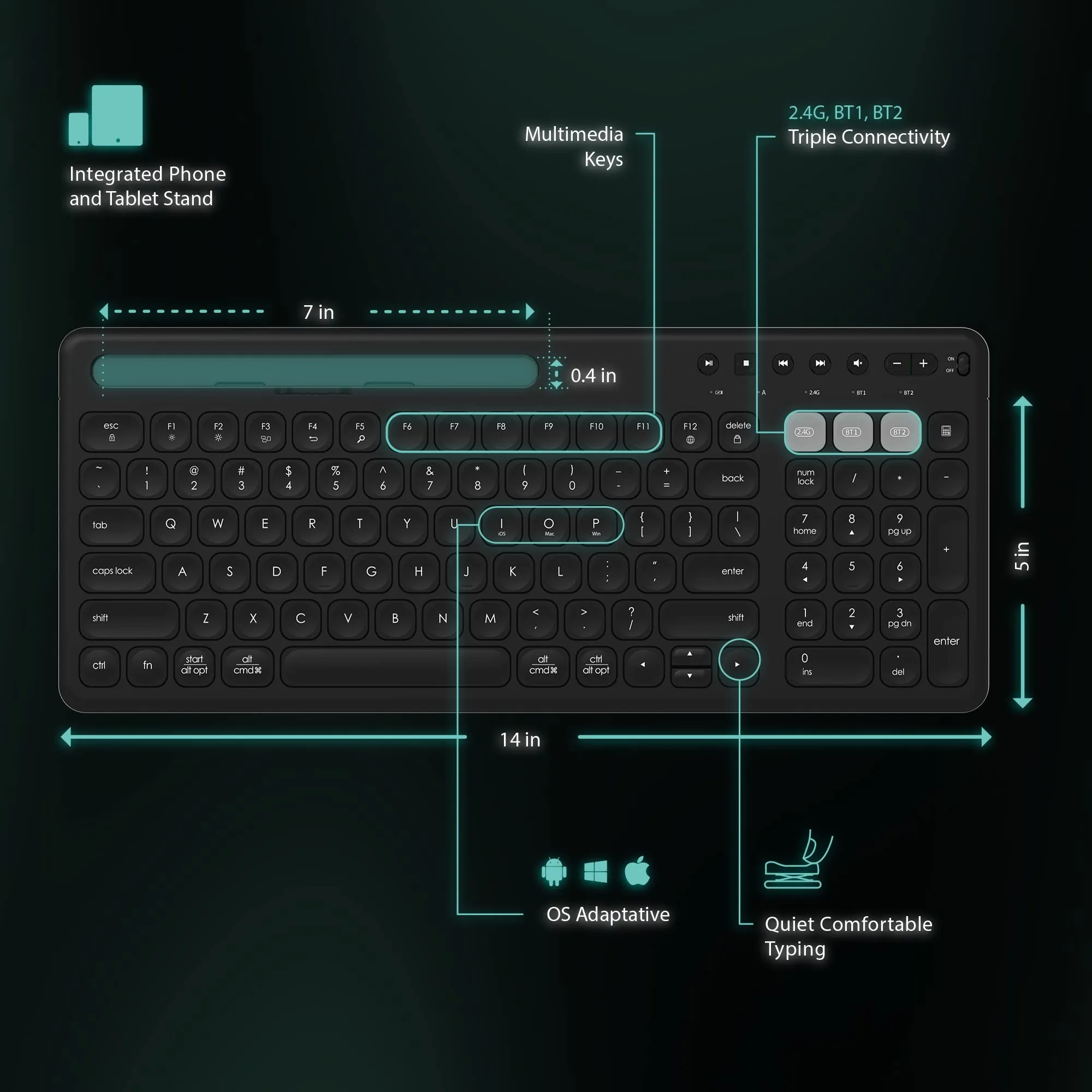 Vortec Multi Device Wireless Bluetooth Keyboard with Stand Black