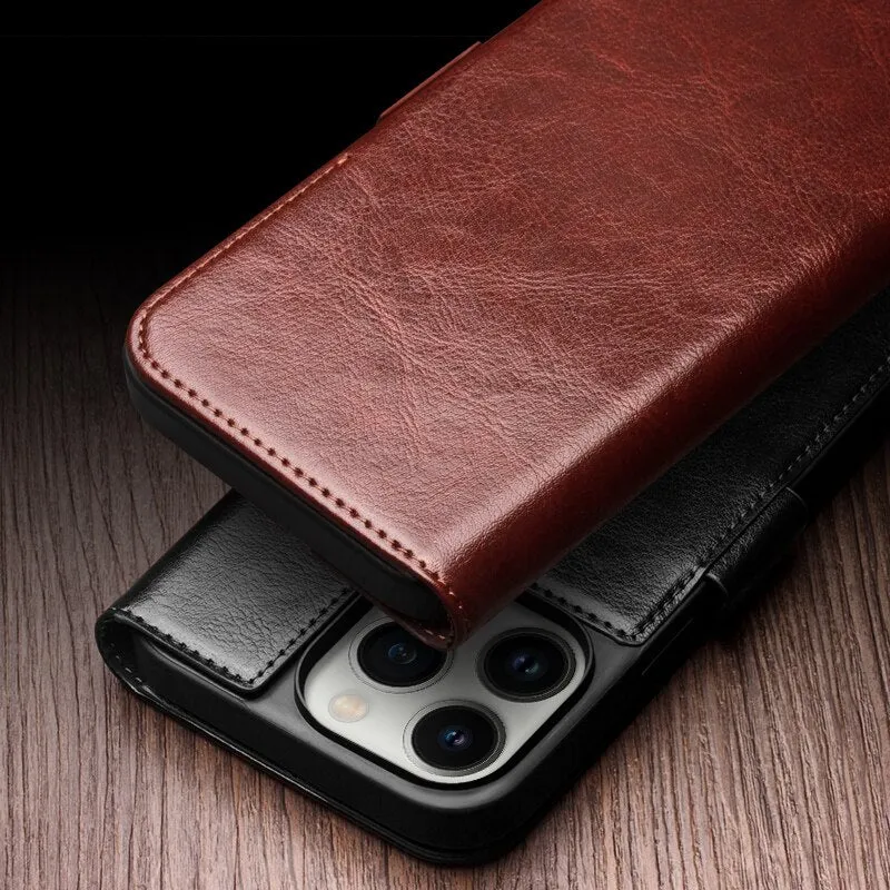 With Card Slots Genuine Leather Flip Phone Case For iPhone