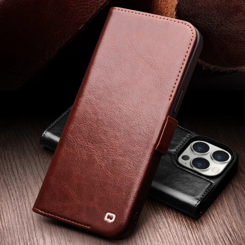 With Card Slots Genuine Leather Flip Phone Case For iPhone