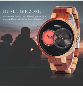 Wooden Watch Quartz 2 Time Zone For Men and Women