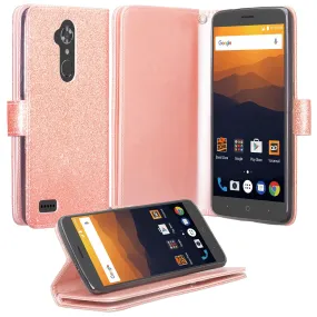 ZTE ZMax Pro, ZTE Imperial Max, MaX Duo LTE, Grand X Max 2 Case, ZTE Carry, ZTE Blade X Max, [Wrist Strap] Glitter Faux Leather Flip [Kickstand Feature] Wallet Case Clutch - Rose Gold